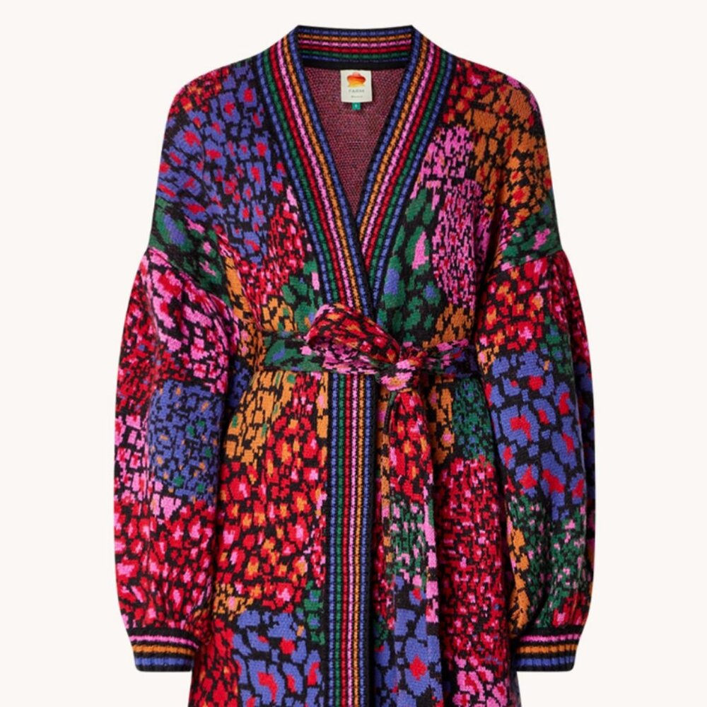 Farm Rio Rainbow Hearts fine knitted cardigan in wool blend with tie belt